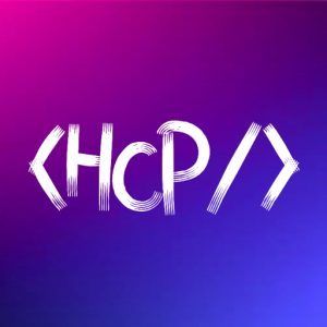 Pink, purple, and blue gradient background with HCP text