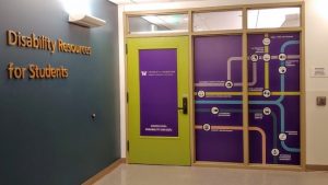 Picture of a door with green border and purple filling in the middle that says Disability Resources for stdudents. to the left of the door is a dark green wall that says Disability Resources for Students. to the right of the door is a purple background with lots of intersecting lines with arrows pointing in many directions.