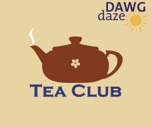 Tea pot logo with jasmine flower painted on. Text underneath it says Tea Club. Dawg Daze logo in the top right corner of the image.